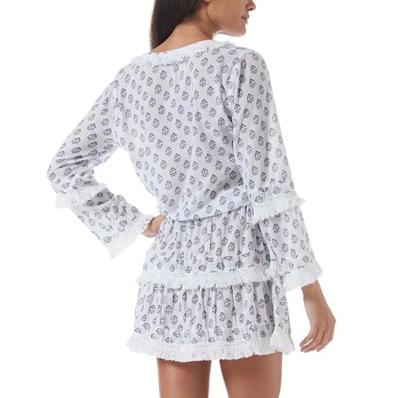 NWT Melissa Claudia Odabash White & Blue Aztec Print Fringe Mini or Coverup-Sz L - Picture 2 of 8